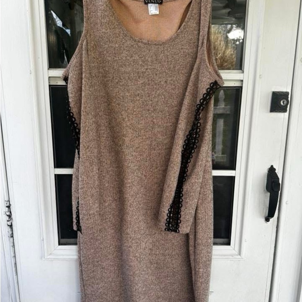 Taupe Midi Knit Dress with Black Trim